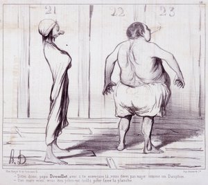 Sarjakuva esiintymisestä. Sarja "" The Bathers"": Kerro isälle Drouillet..."" Kaiverrus Honore DAUMIER (1808-1879). Ote sanomalehdestä "" Le Charivari"". Koko 25 x 36 cm. box 12 Marseille, Musee des Beaux-Arts, Palais Longchamps, Collection Arts Graphi tekijältä Honoré Daumier