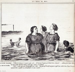 Sarjakuva ulkonäöstä ja muodista. Sarja "" Les Bains de Mer"": "" Laiha nainen (...), lihava nainen (...)" Kaiverrus Honore DAUMIER (1808-1879). Ote sanomalehdestä "" Le Charivari"" 16. syyskuuta tekijältä Honoré Daumier