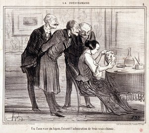 Sarjakuva taiteen keräilijöistä. Sarja "" Potichomania"": "" Väärennetty maljakko Japanista, joka ihailee kolmea kiinalaista." Kaiverrus Honore DAUMIER (1808-1879). Ote sanomalehdestä "" Le Charivari"" tekijältä Honoré Daumier
