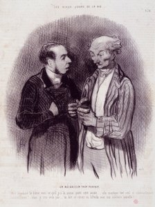 Sarjakuva hammaskirurgeista. Sarja "" Elämän kauniit päivät"": Liian täydellinen mekaanikko..."". Kaiverrus Honore DAUMIER (1808-1879). Ote sanomalehdestä "" Le Charivari"" 22. syyskuuta tekijältä Honoré Daumier