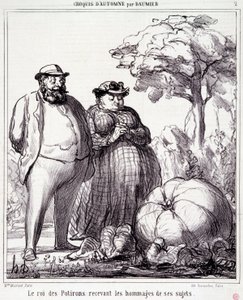 Sarjakuva puutarhanhoidosta. Sarja "" Autumn Sketch"": "" Kurpitsan kuningas vastaanottaa kunnianosoituksia alamaisiltaan"". Kaiverrus Honore DAUMIER (1808-1879). Ote sanomalehdestä "" Le Charivari"" 23. syyskuuta tekijältä Honoré Daumier
