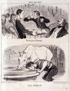Sarjakuva gastronomisesta väärinkäytöstä. Serie Paris juominen: "" Juominen kyllästyäksesi. Todella janoinen." Kaiverrus Honore DAUMIER (1808-1879). Ote sanomalehdestä "" Le Charivari"" 16. kesäkuuta 1852 Koko 37x26 cm Inv D 2310 - laatikko 24 N¡5. Marseil tekijältä Honoré Daumier
