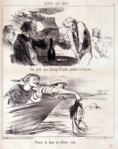 Sarjakuva gastronomisesta väärinkäytöstä. Serie "" Paris qui boire"": "" näkymä otettu Champs Elysees -kadulta helleaallon aikana. Join vain kauhean iskun." Kaiverrus Honore DAUMIER (1808-1879). Ote sanomalehdestä "" Le Charivari"" 5. kesäkuuta tekijältä Honoré Daumier