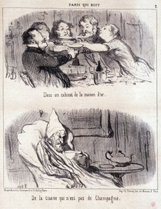 Sarjakuva gastronomisesta hyväksikäytöstä. Sarja "Paris qui drinks": "orin talon kaapissa. Yrttiteetä, joka ei ole samppanjaa." Honore DAUMIERin (1808-1879) kaiverrus. Ote Le Charivari -sanomalehdestä 4. kesäkuuta. tekijältä Honoré Daumier