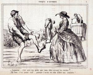 Sarjakuva harvestereista, jotka tallaavat paljain jaloin rypäleitä. Sarja "" Autumn Sketch"": "" Kuinka... aiot puristaa rypäleitä jaloillaan? ...” Kaiverrus Honore DAUMIER (1808-1879). Ote sanomalehdestä "" Le Charivari"" tekijältä Honoré Daumier