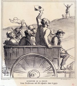 Sarjakuva metsästäjistä. Sarja "Syksy luonnos: Metsästyksen avaus, kaksi peltopyytä merkittiin maassa", sanomalehdistä "Le Charivari" tekijältä Honoré Daumier