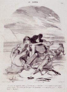 Sarjakuva metsästäjistä. Sarja "" Elämän kauniit päivät - Metsästys"": "" Sanon teille, että sain hänet lähtemään..." Kaiverrus Honore DAUMIER (1808-1879). Ote sanomalehdestä "" Le Charivari"" 10. tammikuuta tekijältä Honoré Daumier