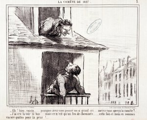 Sarjakuva tieteestä. Serie Sur "" vuoden 1857 komeetta"": "" No naapuri... miksi huusit niin paljon..." Kaiverrus Honore DAUMIER (1808-1879). Ote sanomalehdestä "" Le Charivari"" 11. maaliskuuta tekijältä Honoré Daumier