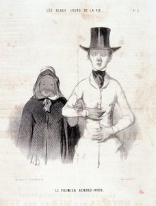 Sarjakuva parista: Sarja "" Elämän kauniit päivät"": "Ensimmäiset treffit"". Kaiverrus Honore DAUMIER (1808-1879). Ote sanomalehdestä "" Le Charivari", tammikuun 2.-3 tekijältä Honoré Daumier