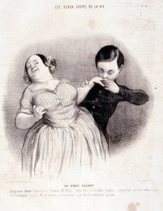 Sarjakuva pariskunnasta. Sarja "" Elämän kauniit päivät"": "" Upea alku..."" Kaiverrus Honore DAUMIER (1808-1879). Ote sanomalehdestä "" Le Charivari"" 10. heinäkuuta tekijältä Honoré Daumier