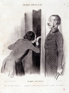 Sarjakuva pariskunnasta. Sarja "" Elämän kauniit päivät"": "" Liian onnellinen rakastaja..." Kaiverrus Honore DAUMIER (1808-1879). Ote sanomalehdestä "" Le Charivari"" 1. syyskuuta tekijältä Honoré Daumier
