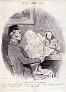 Sarjakuva lehdistöstä. Sarja "" Elämän kauniit päivät"": "" Yhä hirviömuoto..."". Kaiverrus Honore DAUMIER (1808-1879). Ote sanomalehdestä "" Le Charivari"" 18. lokakuuta tekijältä Honoré Daumier