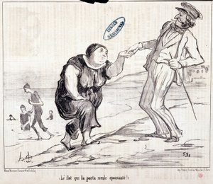 Sarjakuva turisteista lomalla. Sarja "" Axe Bains de Mer: "" Tulva, joka kantoi sen takaisin pelottavana! Kaiverrus Honore DAUMIER (1808-1879). Ote sanomalehdestä "" Le Charivari"" tekijältä Honoré Daumier