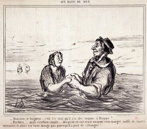 Sarjakuva turisteista lomalla. Serie "" aux Bains de Mer"": "" Monsieur le bathneur... onko totta, että Dieppessä on haita?..." Kaiverrus Honore DAUMIER (1808-1879). Ote sanomalehdestä "" Le Charivari"" 8. kesäkuuta tekijältä Honoré Daumier