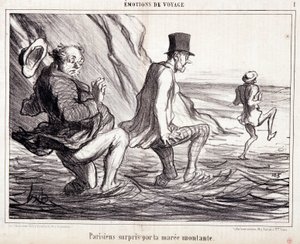 Sarjakuva turisteista lomalla. Sarja "" Axe Bains de Mer: "" Matkustustunteet. Nousevan tamman kiinni pariisilainen”. Kaiverrus Honore DAUMIER (1808-1879). Ote sanomalehdestä "" Le Charivari"" 8. lokakuuta tekijältä Honoré Daumier