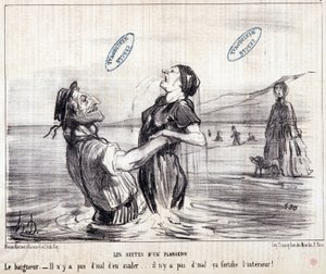 Sarjakuva turisteista lomalla. Sarja "" Les Bains de Mer"": "" Vesipiirros. Sukelluksen jaksot". Kaiverrus Honore DAUMIER (1808-1879). Ote sanomalehdestä "" Le Charivari"" vuodelta 1853. Koko: 24x28cm. Lasku 2453 - laatikko 12 N¡1. Marseille, M tekijältä Honoré Daumier