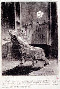 Sarjakuva naiskirjailijoista. Sarja "" Bas Bleus"": "" O! Kuu inspiroi minua tänä iltana...”” Kaiverrus Honore DAUMIER (1808-1879). Ote sanomalehdestä "" Le Charivari"" 28. helmikuuta tekijältä Honoré Daumier