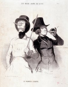 Sarjakuva nuorista Dandysista. Sarja "" Elämän kauniit päivät"": "" Ensimmäinen sikari"". Kaiverrus Honore DAUMIER (1808-1879). Ote sanomalehdestä ”” Le Charivari”” 31. joulukuuta 1843 Koko 37 x 25 cm Inv 1089 - laatikko 8 N¡2. Marseille, Musee des Beaux tekijältä Honoré Daumier