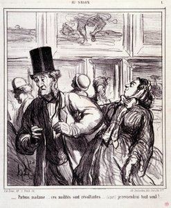 Sarjakuva taiteen ystävistä: Sarja “” Au salon””: Jätetään, rouva... nämä alastot ovat vastustajia... Palaan kokonaan yksin”” Kaiverrus Honore DAUMIER (1808-1879). Ote sanomalehdestä "" Le Charivari"" 5. toukokuuta tekijältä Honoré Daumier