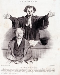 Sarjakuva avioeroista: Sarja "" Elämän kauniit päivät"": "" Eropyyntö..."". Kaiverrus Honore DAUMIER (1808-1879). Ote sanomalehdestä "" Le Charivari"" 29. tammikuuta tekijältä Honoré Daumier