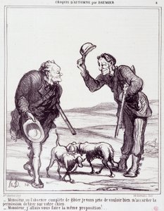 Sarjakuva metsästäjistä: Sarja "" Autumn Sketch"": "" Sir, koska riistaa ei ole lainkaan, antakaa minulle lupa ampua koirasi..." Kaiverrus Honore DAUMIER (1808-1879). Ote sanomalehdestä "" Le Charivari"" 28. syyskuuta tekijältä Honoré Daumier