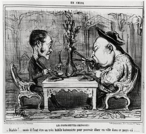Kiinalaiset haarukat: "" Paholainen! mutta sinun on oltava erittäin taitava batonisti voidaksesi ruokailla tämän maan kaupungissa. "", sarjassa En Chine, Honore Daumierin (1808-1879) kuvitus, julkaistu Charivarissa" tekijältä Honoré Daumier