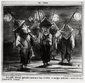 Kiinalainen partio, soturit ovat pitäneet liian kirjaimellisesti heille annetut ohjeet vihollisen marssin valaisemiseksi. Sarjassa En Chine, Honore Daumierin (1808-1879) kuvitus, julkaistu Charivarissa, päivätty 25. tammikuuta tekijältä Honoré Daumier