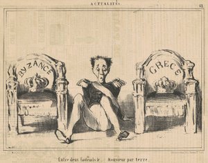 Kahden nojatuolin välissä herrasmies lattialla tekijältä Honoré Daumier