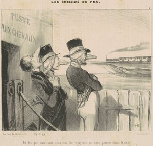 Ja... Voila... Matkailijat, jotka ohittavat meidät nenämme edessä! tekijältä Honoré Daumier