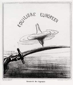 Euroopan tasapaino: Japanin herätys. Juuri Japanin keisarillisen hallinnon palauttamisen jälkeen, Tokugawa shogunan eron jälkeen marraskuussa 1867. Illustration d