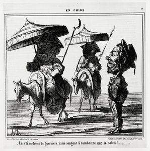 Näissä hauskoissa sotureissa he ajattelevat vain taistelua aurinkoa vastaan. Sarjassa En Chine, Honore Daumierin (1808-1879) kuvitus, julkaistu Charivarissa, päivätty 8. tammikuuta tekijältä Honoré Daumier