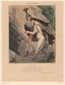 Karikatyyri Aeneasta ja Didosta Enée et Didon (otsikko esineessä) Karikatyyrit antiikin hahmoista (sarjan nimi) Histoire ancienne (sarjan nimi esineessä) tekijältä Honoré Daumier