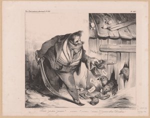 Karikatyyri Ranskan kuningas Ludvig Philip I rosvona Petits! pets! pets! (...) Venez donc dindons! (otsikko esineessä) tekijältä Honoré Daumier