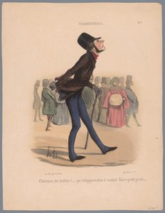 Mies kävelee liian pienissä kengissä Chiennes de bottes! (...) (otsikko objektissa) Vanity (sarjan nimi) Coquetry (sarjan nimi esineellä) tekijältä Honoré Daumier