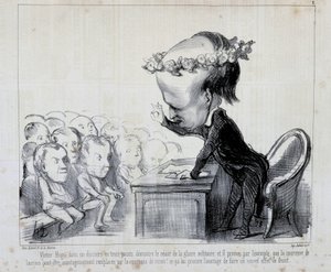 Muistoja rauhankongressista: Victor Hugo (sarjan nro 1) - kirjoittanut Daumier, "" Charivari" -julkaisussa 6.9.1849 tekijältä Honoré Daumier