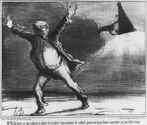 Monsieur Babient päätti mennä ja sammuttaa auringon itse, jotta hänen ennustuksensa ei olisi valhe, karikatyyri Honore Daumierin komeetta vuodelta 1857 (1808-1879). tekijältä Honoré Daumier