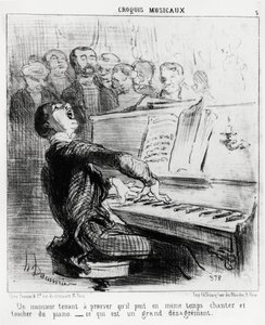 Musiikkisketsejä: herrasmies, joka haluaa todistaa, että hän voi samanaikaisesti laulaa ja koskettaa pianoa, mikä on hyvin häpeällistä. Honore Daumierin (1808-1879) kuvitus, julkaistu Charivarissa, päiväys 17. helmikuuta 1852. tekijältä Honoré Daumier