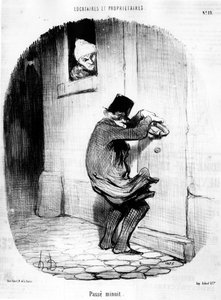 Kului keskiyö. mies palaa myöhään vuokralaiselle, Honore Daumierin (1808-1879) sarjakuvasarjasta "Tenants et Owners". “Charivari” tekijältä Honoré Daumier