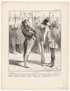 Robert-Macaire keskustelussa Bertrandin kanssa kirjapainon ikkunasta Caricaturana (sarjan nimi esineellä) tekijältä Honoré Daumier