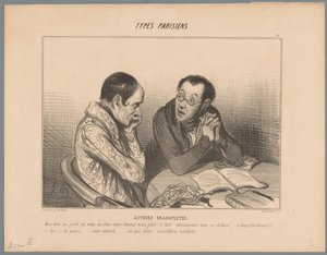 Kirjoittaja neuvoo kollegaa eroon vaimostaan Dramaattiset tekijät (otsikko esineessä) Pariisilaiset tyypit (sarjan nimi) Tyypit Parisiens (sarjan nimi esineellä) tekijältä Honoré Daumier