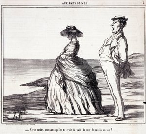 Serie "" Les Bains de Mer"": "" Meren näkeminen aamusta iltaan on vähemmän hauskaa kuin luulet! "" Sarjakuva turisteista lomalla. Kaiverrus Honore DAUMIER (1808-1879). Ote sanomalehdestä "" Le Charivari"" 9. syyskuuta tekijältä Honoré Daumier
