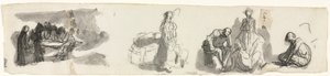 Tutkimusarkki, jossa neljän hahmon ryhmä oikealla recto Eri hahmojen luonnokset vers. tekijältä Honoré Daumier