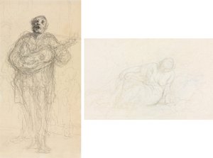 Laulava kitaristi (recto); Makaava nainen nojaa käsivarteensa (käänteinen) tekijältä Honoré Daumier
