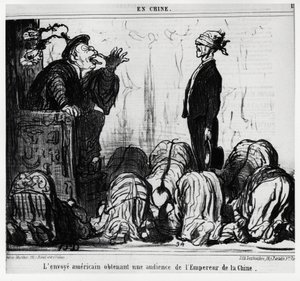 Amerikkalainen lähettiläs kuulee Kiinan keisarilta. Sarjassa En Chine, Honore Daumierin (1808-1879) kuvitus, julkaistu Charivarissa, päivätty 21. lokakuuta tekijältä Honoré Daumier