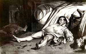 Rue Transnonainin verilöyly 14.4.1834: sotilaat murhasivat rakennuksen 12 Rue Transnonain asukkaat Pariisissa vangitsivat sen yhden upseerinsa kuoleman jälkeen - Honore Daumierin litografia (1808-1879) 1837. Yksityinen kokoelma tekijältä Honoré Daumier