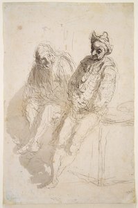 Kaksi Saltimbanquea, n. 1865-1873 (musta-harmaa muste, harmaat pesut paperilla) tekijältä Honoré Daumier