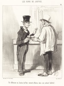 Puolustaja... juttelemassa... tavallisessa kabinetissaan tekijältä Honoré Daumier