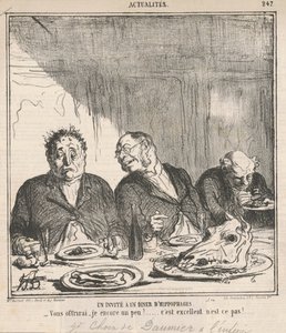 Vieras hevossyöjien illallisella: Tarjoanko sinulle vähän enemmän? Se on hienoa, eikö? tekijältä Honoré Daumier