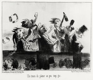 Nautintojuna, hieman liian homo, sarjassa Les Chemins de fer, Honore Daumierin (1808-1879) kuvitus, julkaistu Charivarissa, päivätty 20. elokuuta 1852. tekijältä Honoré Daumier