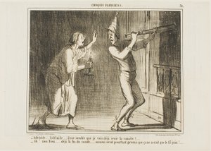 "- Adelaide, Adelaide... Taidan nähdä komeetan tulevan!!!... - Voi luoja... tämä on maailmanloppu.... miten ärsyttävää. He lupasivat, että se tulee vasta 13. kesäkuuta!", laatta 31 Croquis Parisiens -lehdestä. tekijältä Honoré Victorin Daumier